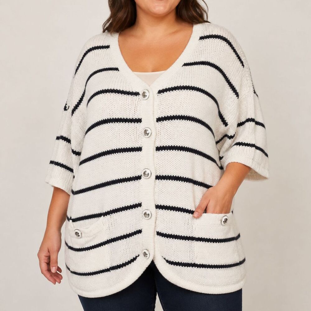 Talbots Stripe Button Front Cardigan Sweater Jacket Coastal Nautical Plus Preppy